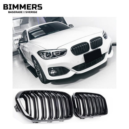 Njurgrill dubbla ribbor BMW 1-serie F20 F21 LCI från 2015, blank svart, bild 2