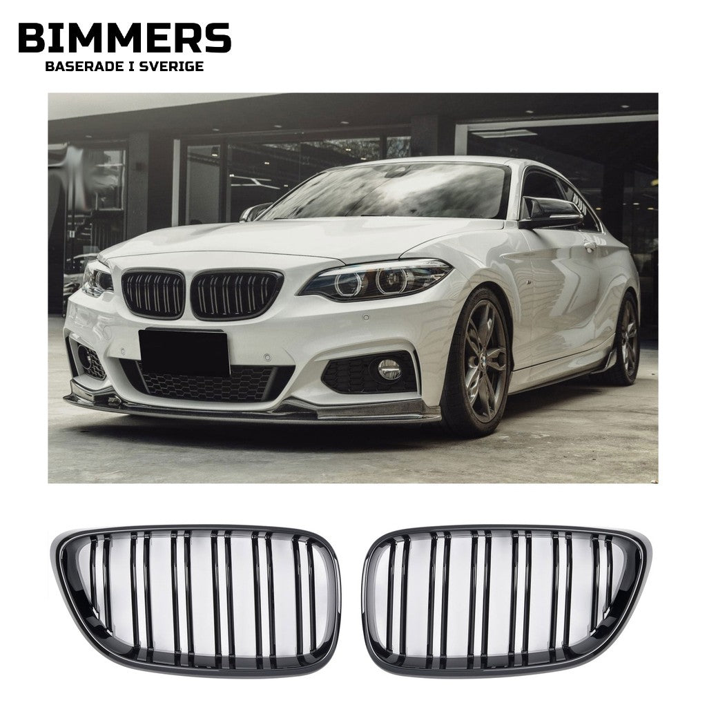 Njurgrill dubbla ribbor BMW 2-serie F22 F23 från 2013, blank svart, bild 1
