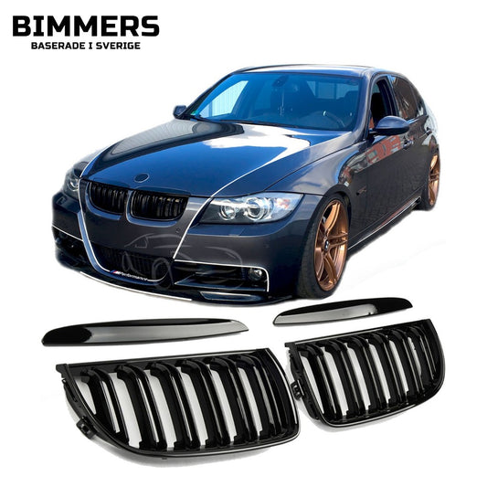 Njurgrill dubbla ribbor BMW 3-serie E90 E91 Pre LCI 2005-2008, blank svart, bild 1