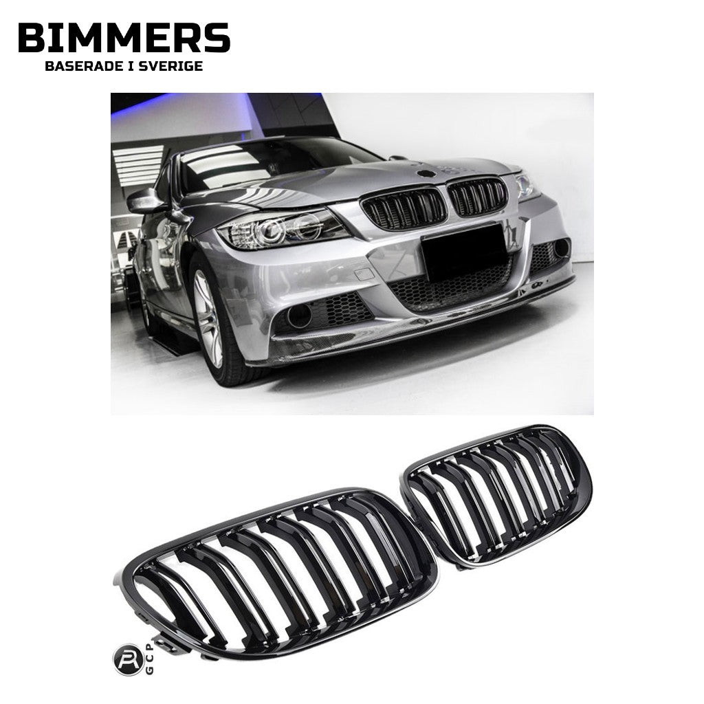 Njurgrill dubbla ribbor BMW 3-serie E90 E91 LCI från 2008, blank svart, bild 1