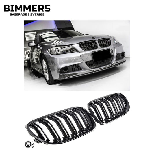 Njurgrill dubbla ribbor BMW 3-serie E90 E91 LCI från 2008, blank svart, bild 1
