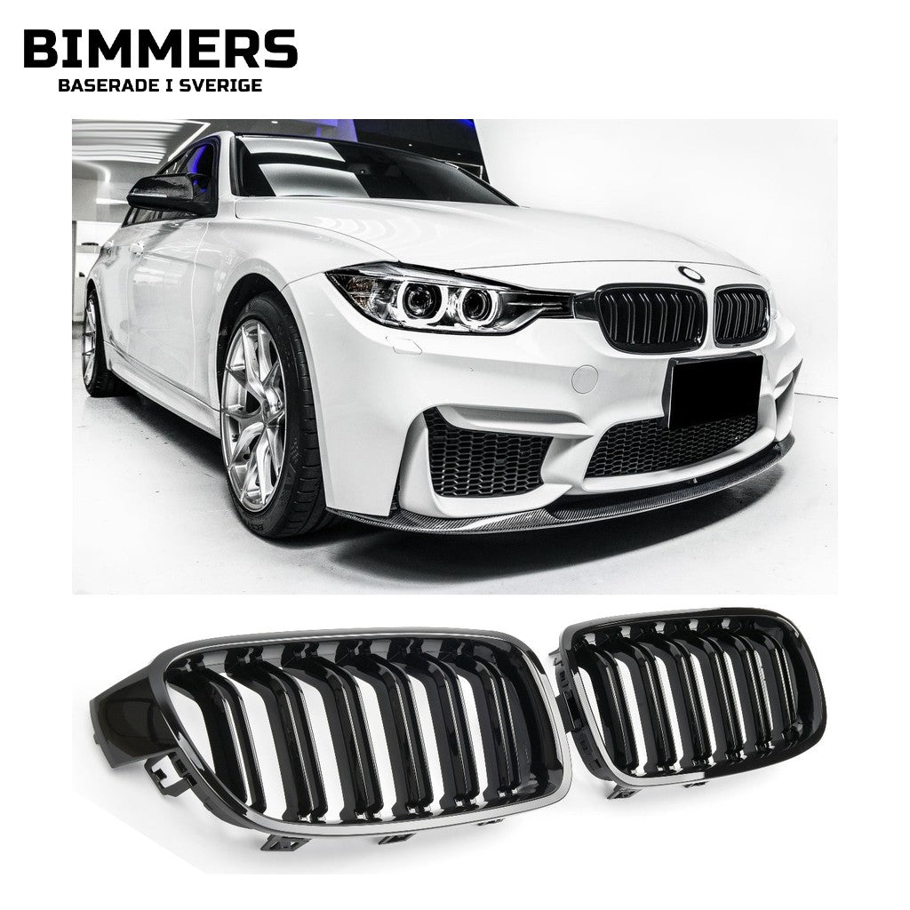 Njurgrill dubbla ribbor BMW 3-serie F30 F31 2011-2019, blank svart, bild 1