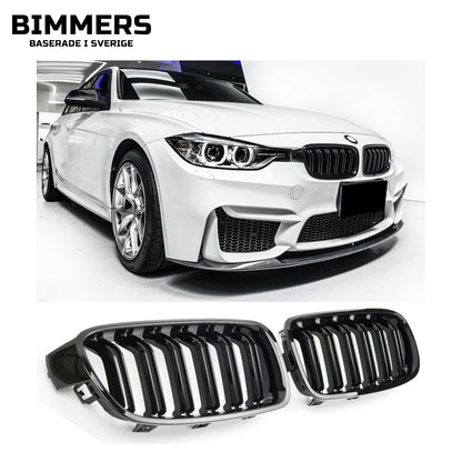 Njurgrill dubbla ribbor BMW 3-serie F30 F31 2011-2019, blank svart, bild 1