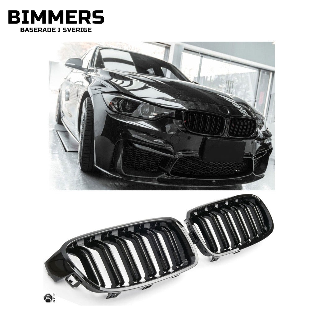 Njurgrill dubbla ribbor BMW 3-serie F30 F31 2011-2019, blank svart, bild 2