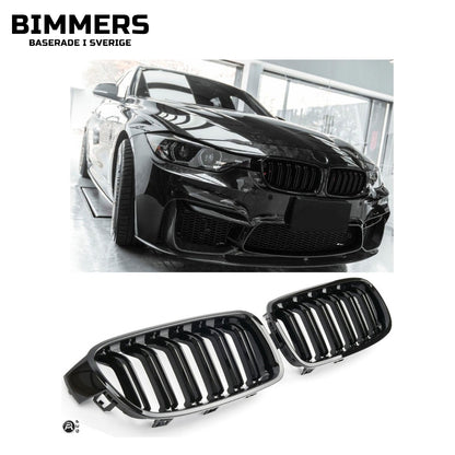 Njurgrill dubbla ribbor BMW 3-serie F30 F31 2011-2019, blank svart, bild 2