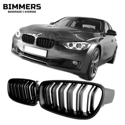Njurgrill dubbla ribbor BMW 3-serie F30 F31 2011-2019, matt svart, bild 1