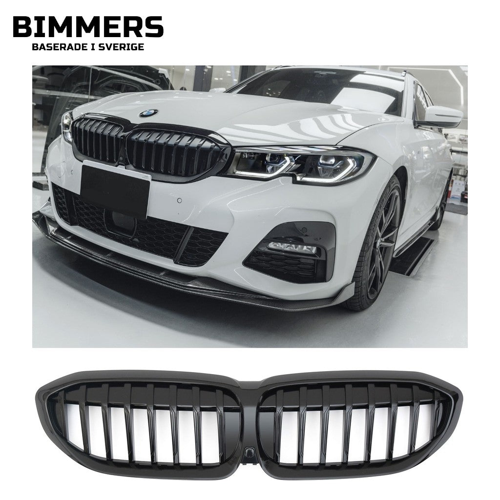 Njurgrill dubbla ribbor BMW 3-serie G20 G21 Pre LCI 2019-2022, blank svart, bild 1