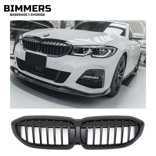 Njurgrill dubbla ribbor BMW 3-serie G20 G21 Pre LCI 2019-2022, blank svart, bild 1