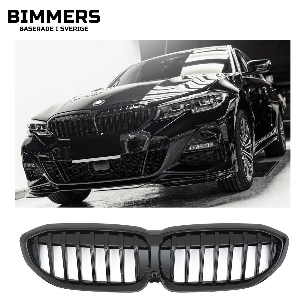 Njurgrill dubbla ribbor BMW 3-serie G20 G21 Pre LCI 2019-2022, blank svart, bild 2
