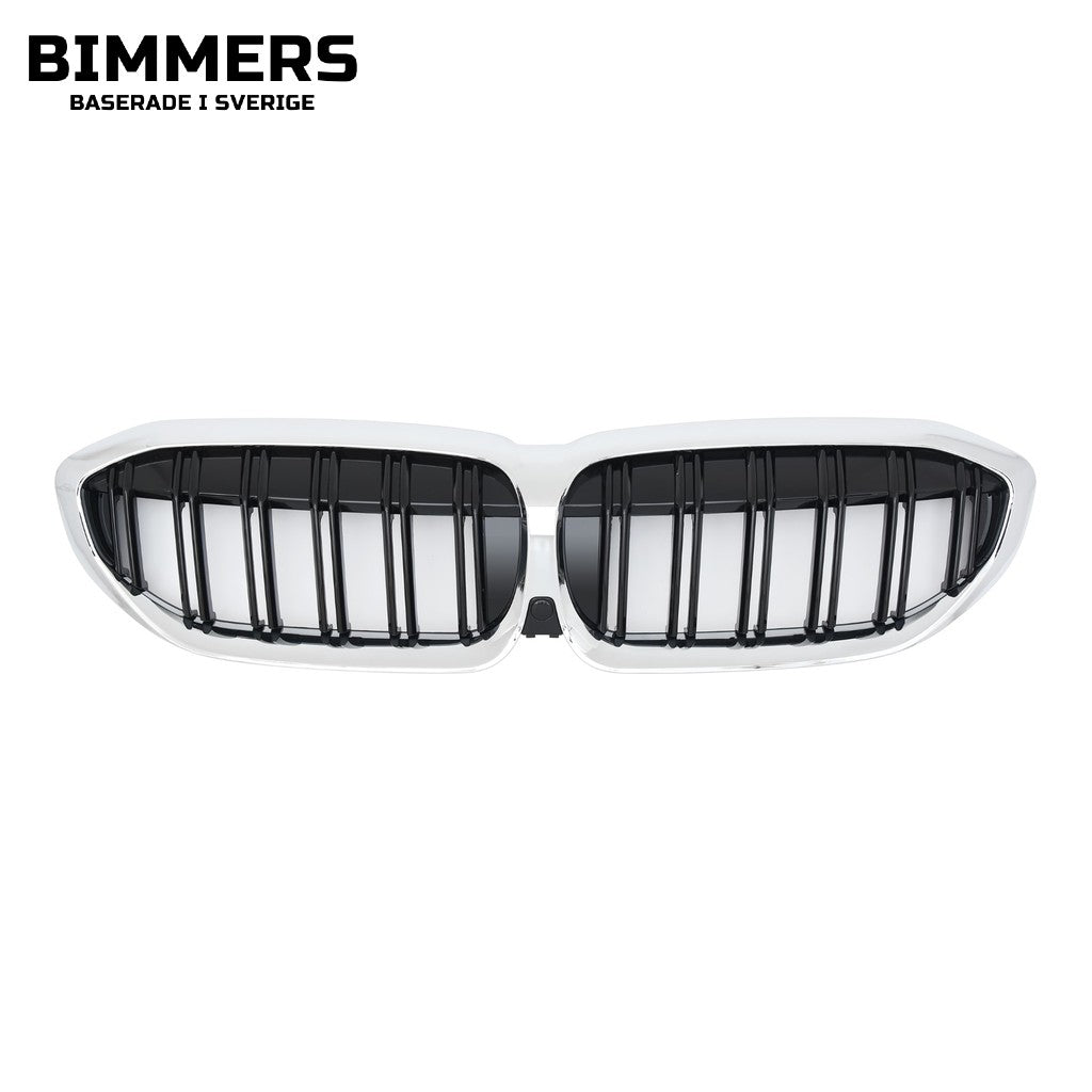 Njurgrill dubbla ribbor BMW 3-serie G20 G21 Pre LCI 2019-2022, blank svart med kromram, bild 1