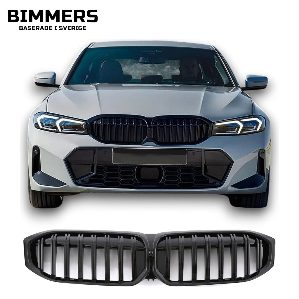Njurgrill dubbla ribbor BMW 3-serie G20 G21 LCI från 2022, blank svart, bild 1