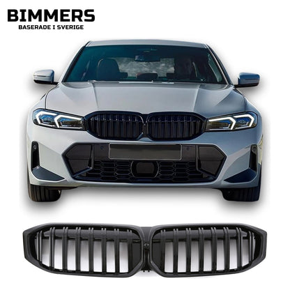 Njurgrill dubbla ribbor BMW 3-serie G20 G21 LCI från 2022, blank svart, bild 1