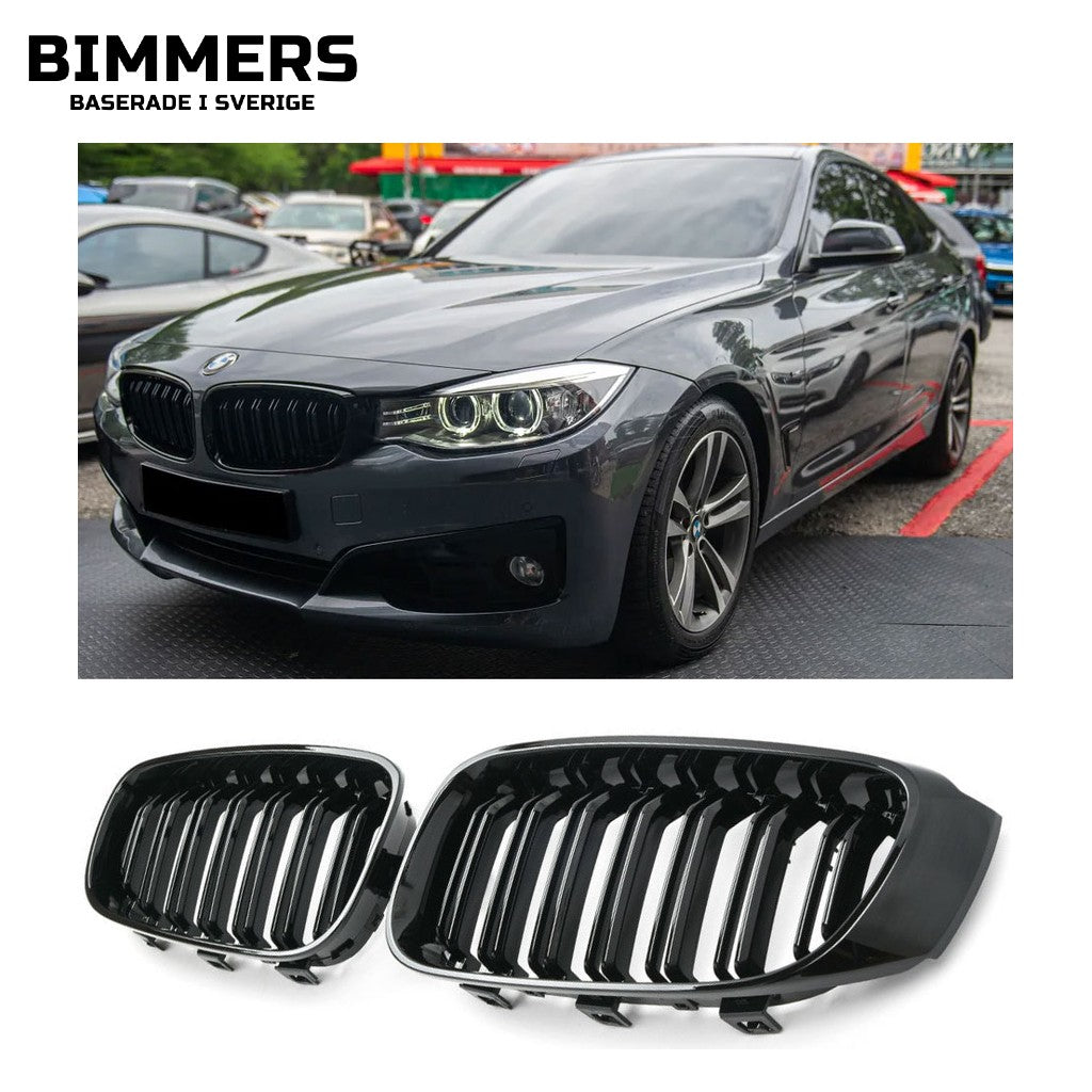 Njurgrill dubbla ribbor BMW 3-serie GT F34 2013-2019, blank svart, bild 1