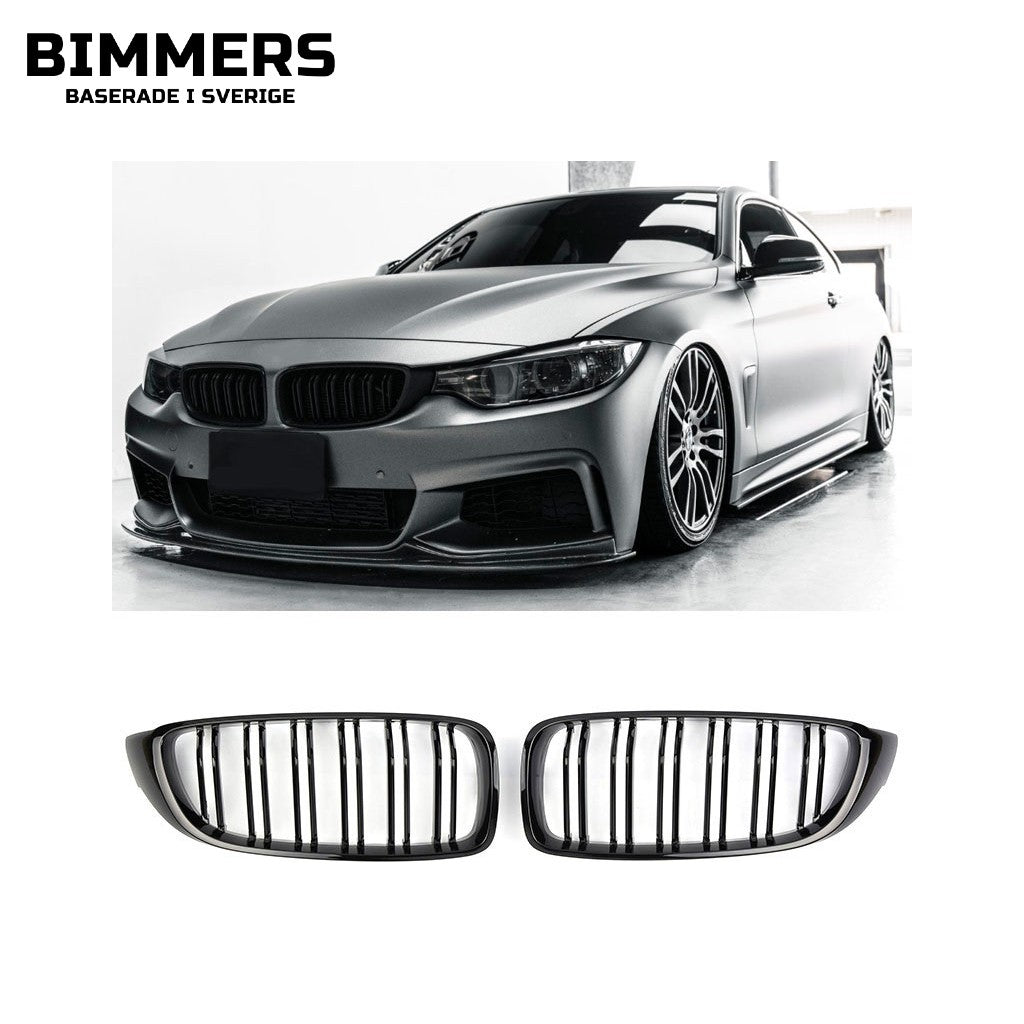 Njurgrill dubbla ribbor BMW 4-serie F32 F33 F36 F82 F80 2013-2021, blank svart, bild 1