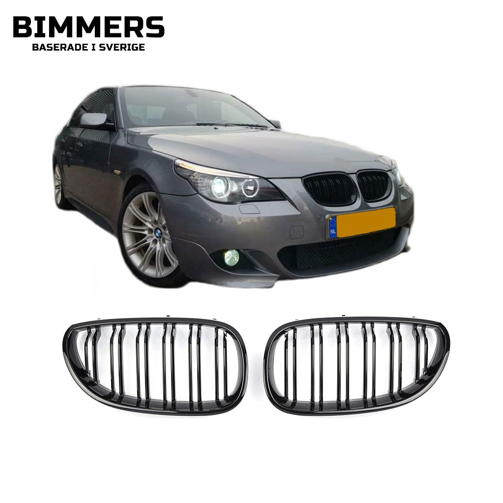 Njurgrill dubbla ribbor BMW 5-serie E60 E61 2003-2010, blank svart, bild 1