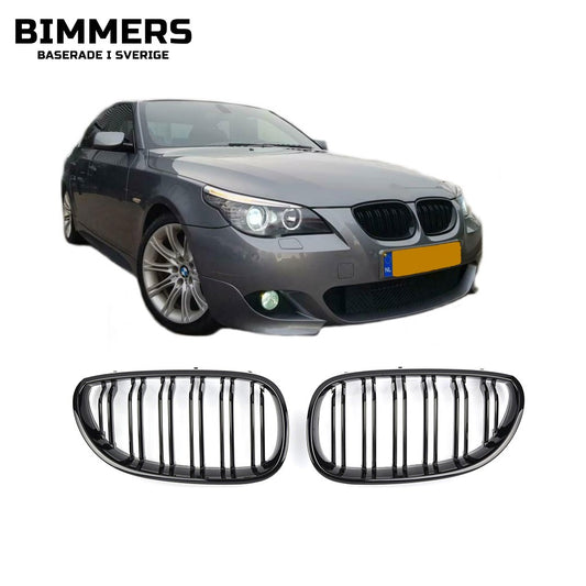 Njurgrill dubbla ribbor BMW 5-serie E60 E61 2003-2010, blank svart, bild 1