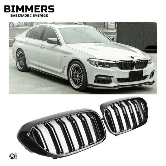 Njurgrill dubbla ribbor BMW 5-serie G30 G31 Pre LCI 2017-2020, blank svart, bild 1