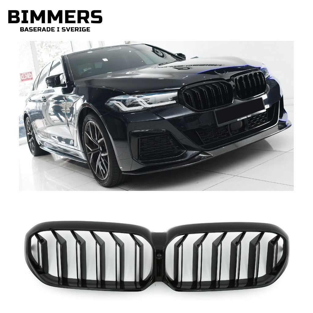 Njurgrill dubbla ribbor BMW 5-serie G30 G31 LCI från 2020, blank svart, bild 1