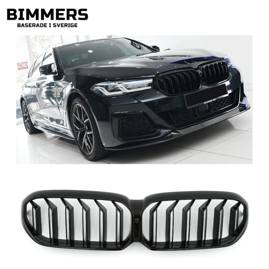 Njurgrill dubbla ribbor BMW 5-serie G30 G31 LCI från 2020, blank svart, bild 1