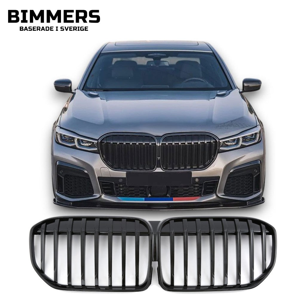 Njurgrill dubbla ribbor BMW 7-serie G11 G12 LCI från 2019, blank svart, bild 1