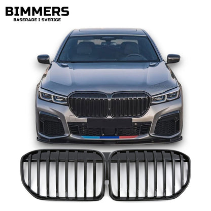 Njurgrill dubbla ribbor BMW 7-serie G11 G12 LCI från 2019, blank svart, bild 1
