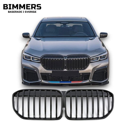 Njurgrill dubbla ribbor BMW 7-serie G11 G12 LCI från 2019, blank svart, bild 1