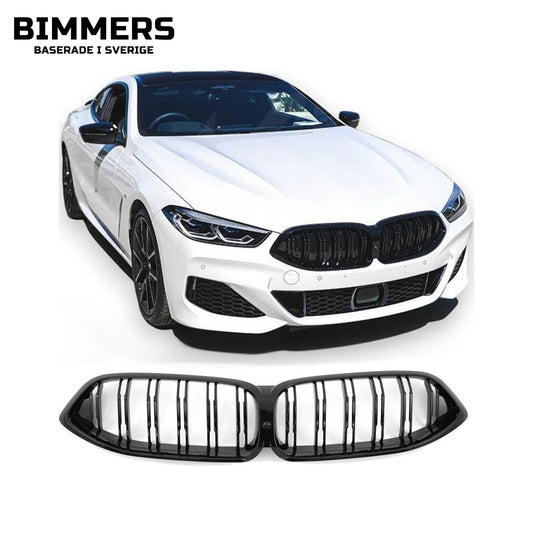 Njurgrill dubbla ribbor BMW 8-serie G14 G15 G16 Pre LCI 2018-2022, blank svart, bild 1