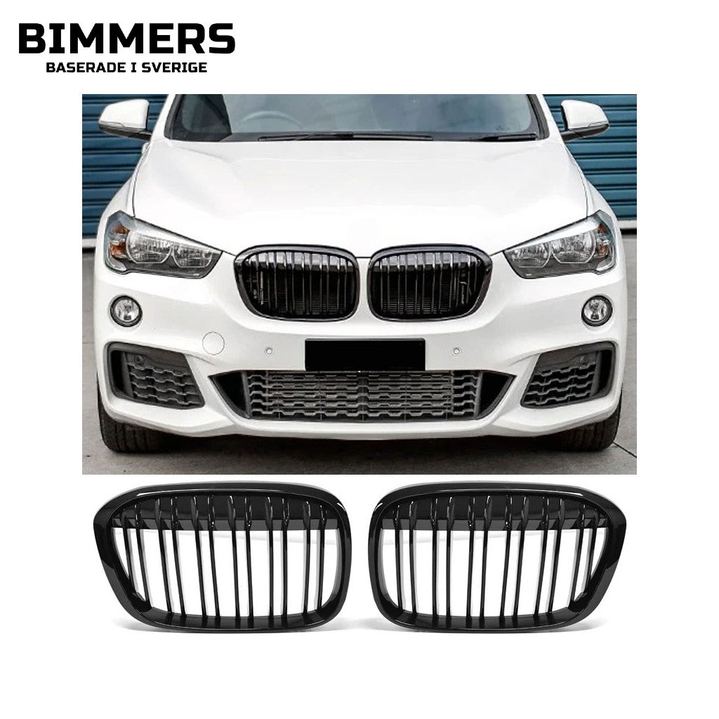 Njurgrill dubbla ribbor BMW X1 F48 Pre LCI 2015-2019, blank svart, bild 1