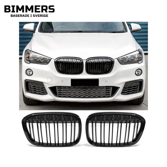 Njurgrill dubbla ribbor BMW X1 F48 Pre LCI 2015-2019, blank svart, bild 1