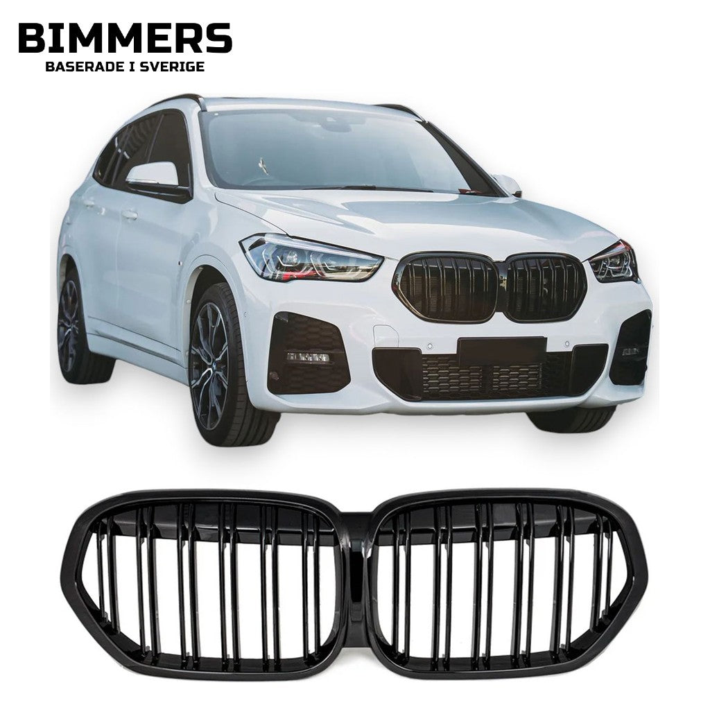Njurgrill dubbla ribbor BMW X1 F48 LCI från 2019, blank svart, bild 1