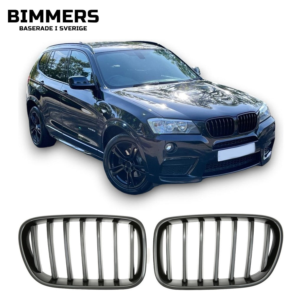 Njurgrill dubbla ribbor BMW X3 F25 Pre LCI 2010-2014, blank svart, bild 1