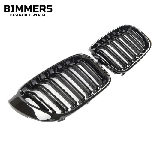 Njurgrill dubbla ribbor BMW X3 X4 F25 F26 LCI 2014-2017, blank svart, bild 1