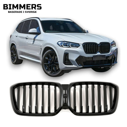 Njurgrill dubbla ribbor BMW X3 X4 G01 G02 LCI från 2021, blank svart, bild 1