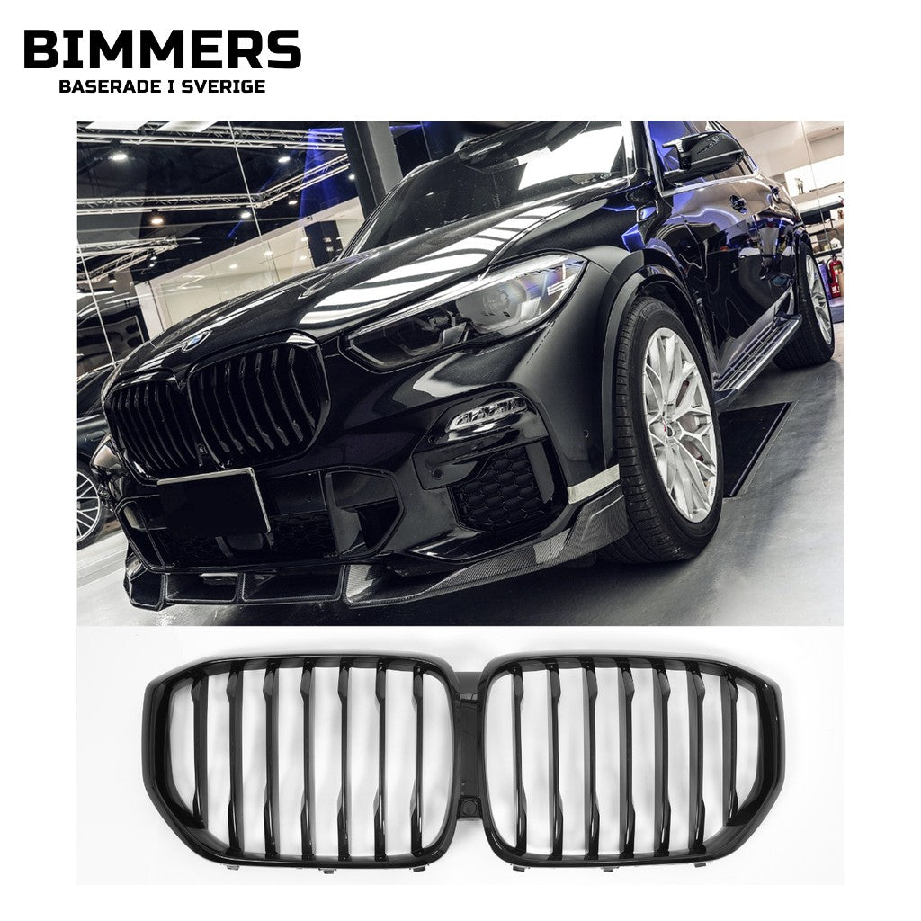 Njurgrill dubbla ribbor BMW X5 G05 Pre LCI 2018-2023, blank svart, bild 1