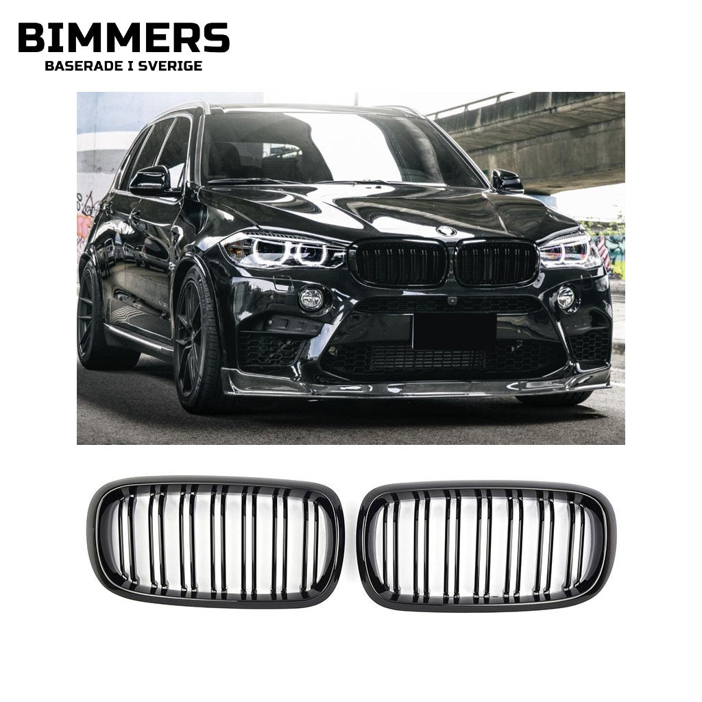 Njurgrill dubbla ribbor BMW X5 X6 F15 F16 från 2014, blank svart, bild 1