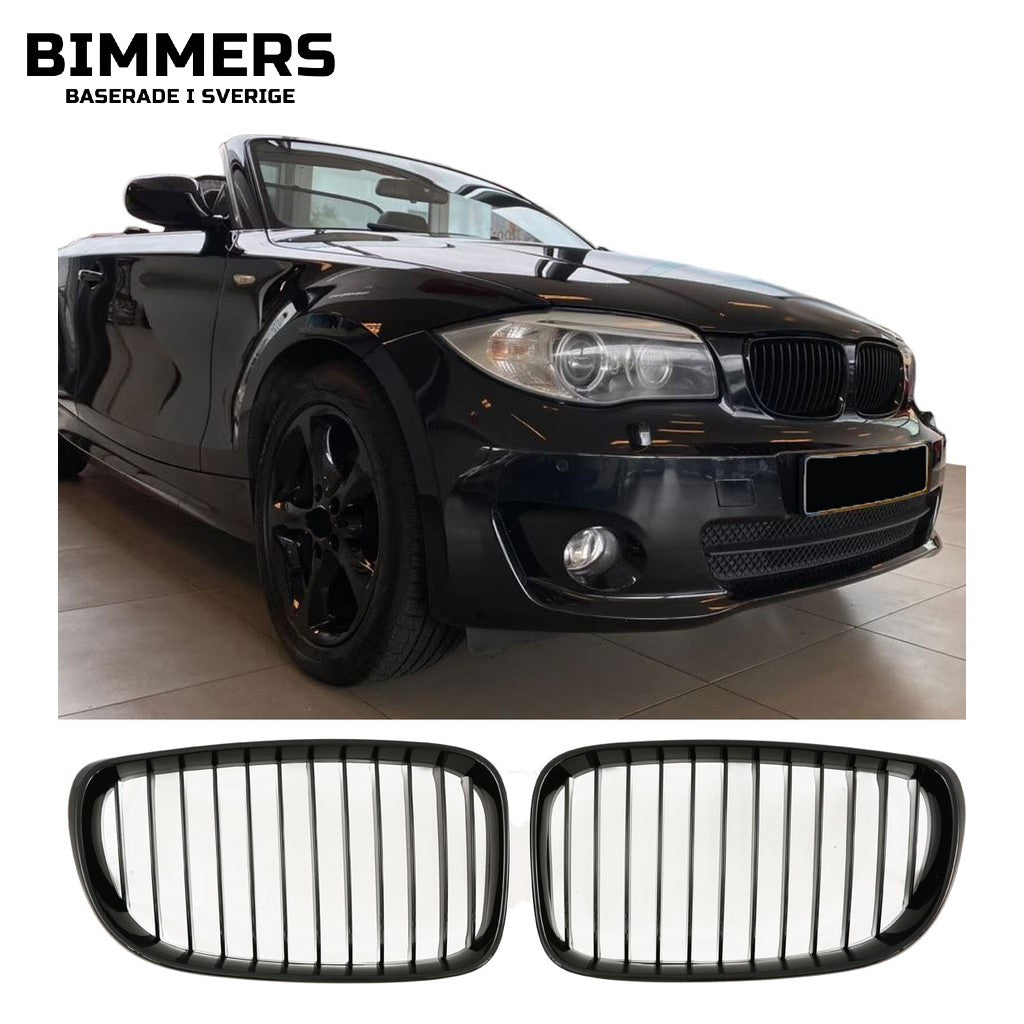 Njurgrill enkla ribbor BMW 1-serie E87 E81 E82 E88 LCI från 2007, blank svart, bild 1