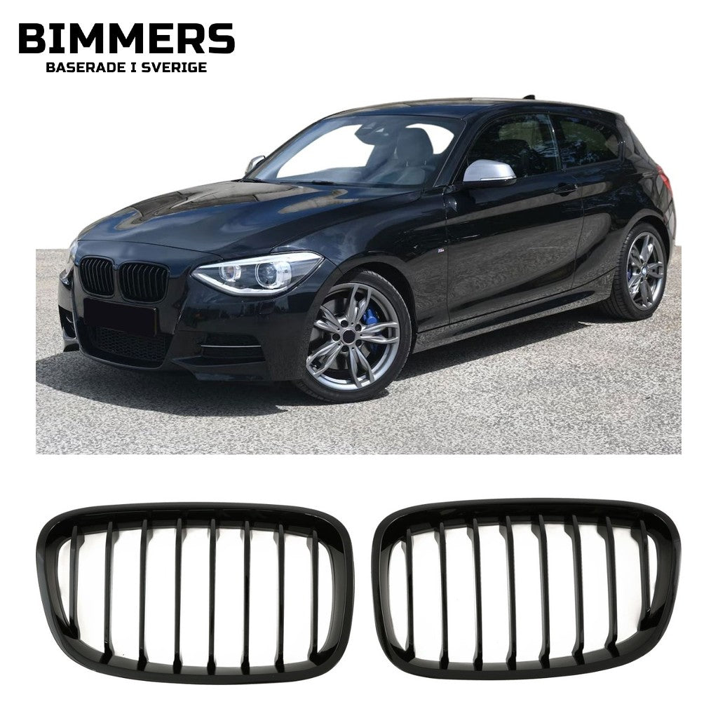 Njurgrill enkla ribbor BMW 1-serie F20 F21 Pre LCI 2015, blank svart, bild 1
