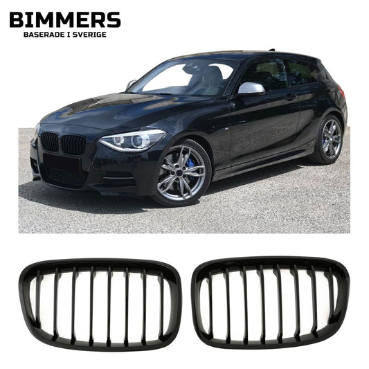 Njurgrill enkla ribbor BMW 1-serie F20 F21 Pre LCI 2015, blank svart, bild 1