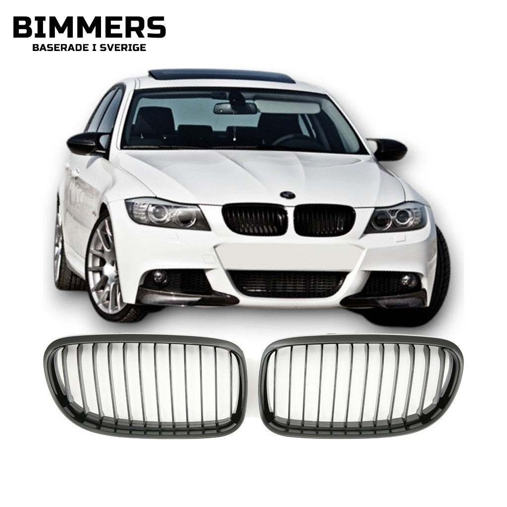 Njurgrill enkla ribbor BMW 3-serie E90 E91 LCI 2008-2012, blank svart, bild 1
