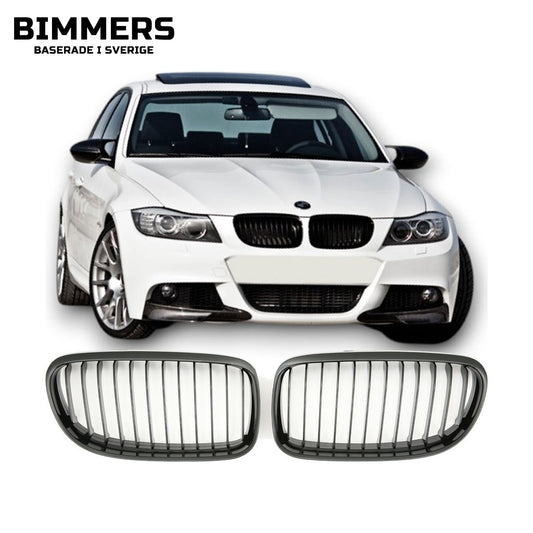Njurgrill enkla ribbor BMW 3-serie E90 E91 LCI 2008-2012, blank svart, bild 1